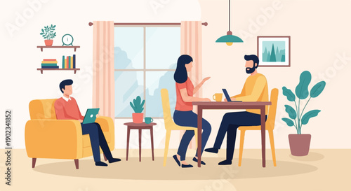 People working and relaxing in a cozy, modern living room