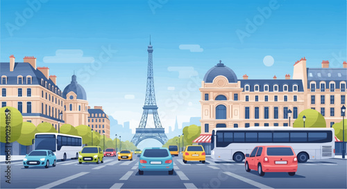 Parisian street scene with Eiffel Tower, buses, cars, and buildings