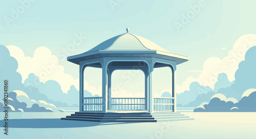 Open-air pavilion with a domed roof and ornate railings overlooks a serene seascape