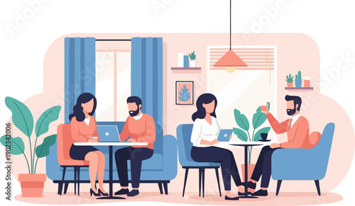 People working and relaxing in a cozy cafe with plants and decor