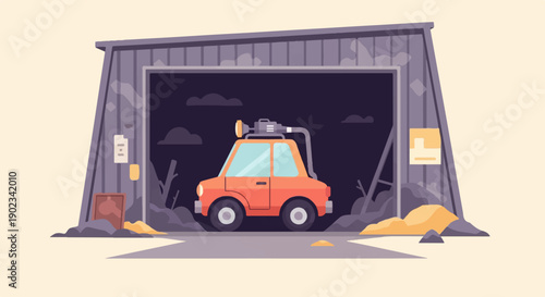 Orange car with large apparatus on roof inside weathered garage at dusk