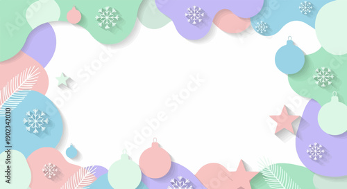 Pastel abstract winter frame with snowflakes and ornaments