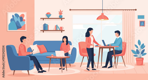 People working and relaxing in a bright, modern living space