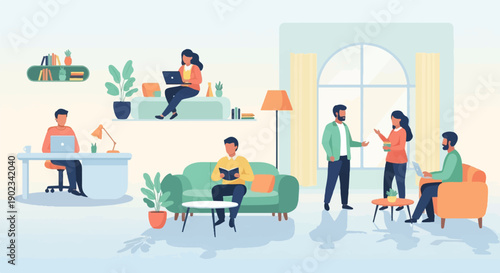 People working and relaxing in a bright, modern office space