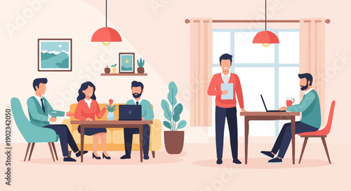 People collaborate in a modern office space with laptops and plants