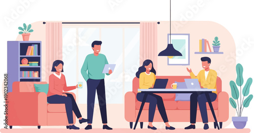 People working and relaxing in a bright, modern living room