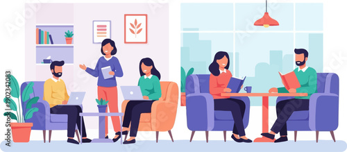 People working and reading in a modern, bright indoor space