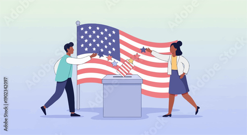 People place stars into ballot box with American flag backdrop