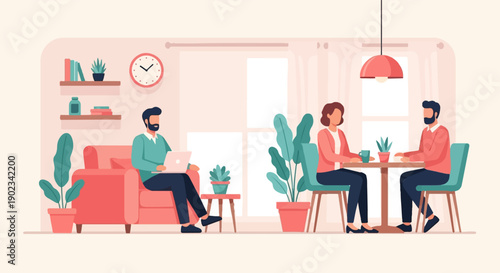 People working and conversing in a modern, stylized indoor setting