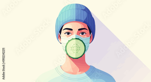 Person wearing a beanie and mask with a cucumber slice