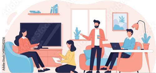 People collaborating and working in a modern living room environment