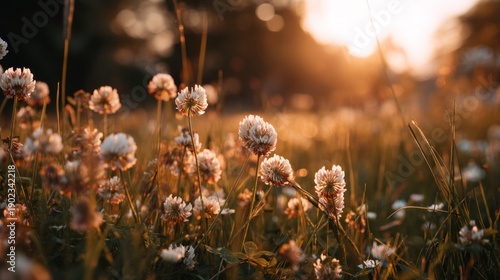 Close up of wildflowers in a meadow at sunset