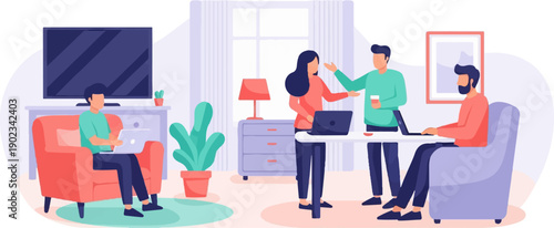 People collaborating and working remotely in a modern office or home setting