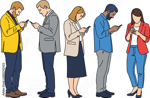 Silhouette illustration of five people using smartphones, modern black and white vector art, technology lifestyle design, digital dependence figures, flavector