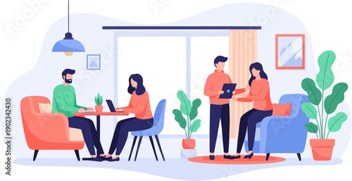 People working and collaborating in a modern, minimalist office interior