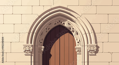 Ornate arched doorway with carved stone details and wooden doors