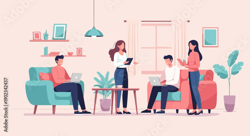 People working and collaborating in a cozy room with laptops