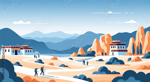 Mountainous landscape with Buddhist monasteries and hikers exploring the terrain