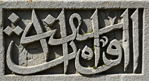 Ornate Arabic script carved in weathered stone, with subtle moss growth