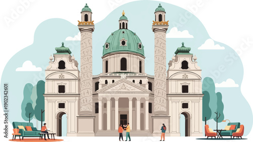 Ornate classical building with dome, flanking towers, and surrounding greenery