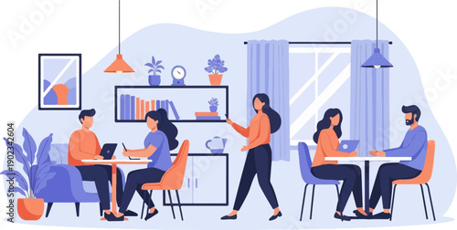 People working and collaborating in a bright, modern office space