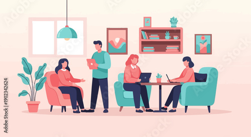 People collaborating in a modern, bright, cozy office or coworking space