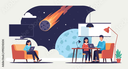People work remotely with a meteor and planet in the background