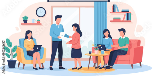 People collaborating in a modern home office setting with laptops