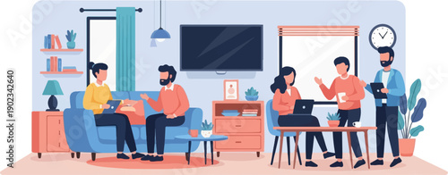 People collaborating in a modern, cozy home office environment