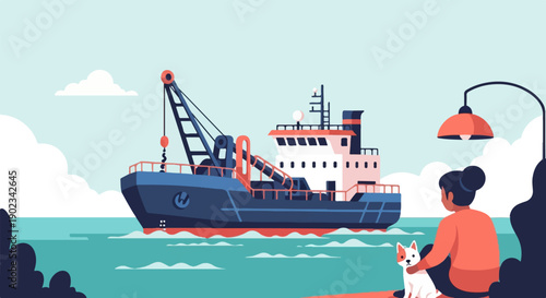 Person with dog watches a large fishing vessel sail across the sea
