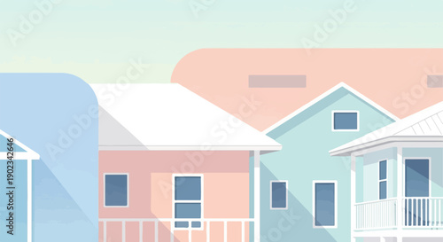 Pastel colored houses with geometric shapes under a pale sky