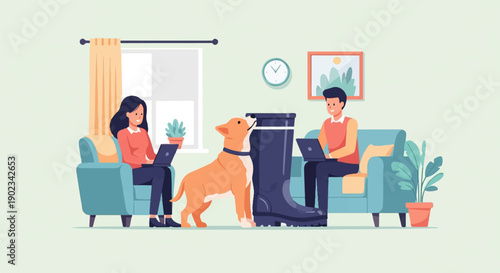 People work on laptops while a dog interacts with a large boot