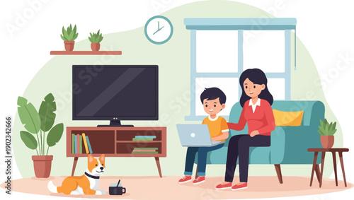 Mother and son use laptop, dog and plants in cozy living room setting