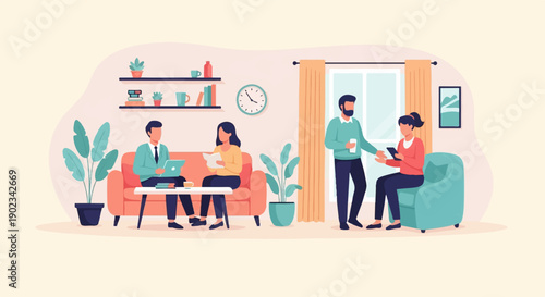 People interacting in a cozy living room with plants and decor
