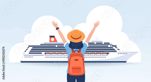 Person with outstretched arms facing a large cruise ship against a cloudy sky