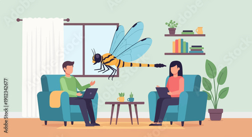 People work in living room with a large dragonfly flying past window