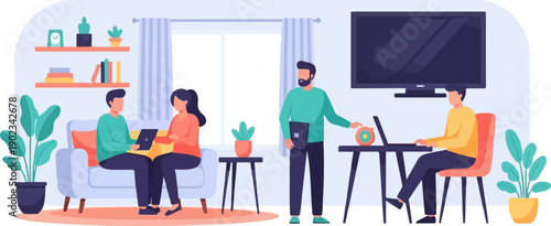 People work and relax in a modern living room with plants and tech