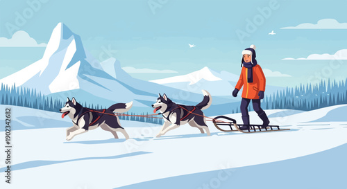 Person with sled dogs on snowy mountainside with pine trees
