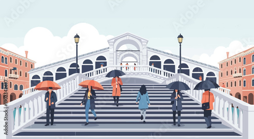 People with umbrellas ascend steps of a European bridge with classical architecture
