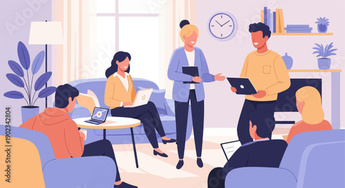 People collaborating in a modern living room with laptops and tablets