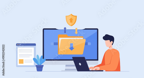 Person working on laptop near computer with file transfer icons