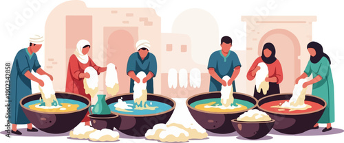 People in traditional clothing working with dough and water in a courtyard