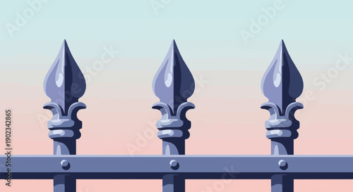 Ornate metal fence posts with a soft pastel gradient sky background