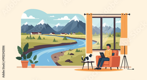 Person working on laptop next to window with mountain landscape