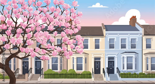 Pastel houses with blooming pink magnolia tree on a bright sky day