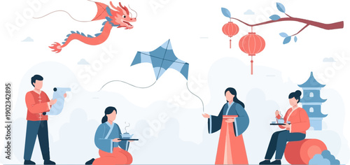 People in traditional attire enjoy a kite festival with dragon and lanterns