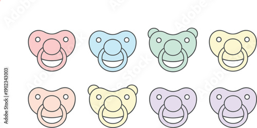 Pastel Baby Pacifier Icons Set Simple Line Art Illustration Isolated on White