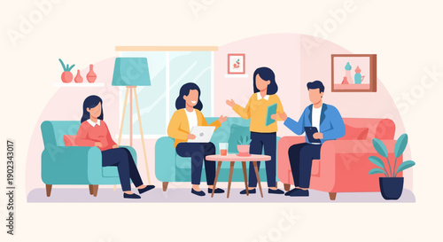 People in a modern living room discussing ideas