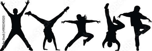 Collection of energetic street dance silhouettes, diverse young people performing breakdance acrobatics and hip hop moves, isolated on white background,