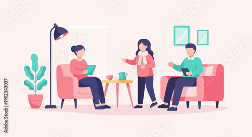 People discussing ideas indoors with a lamp and potted plant